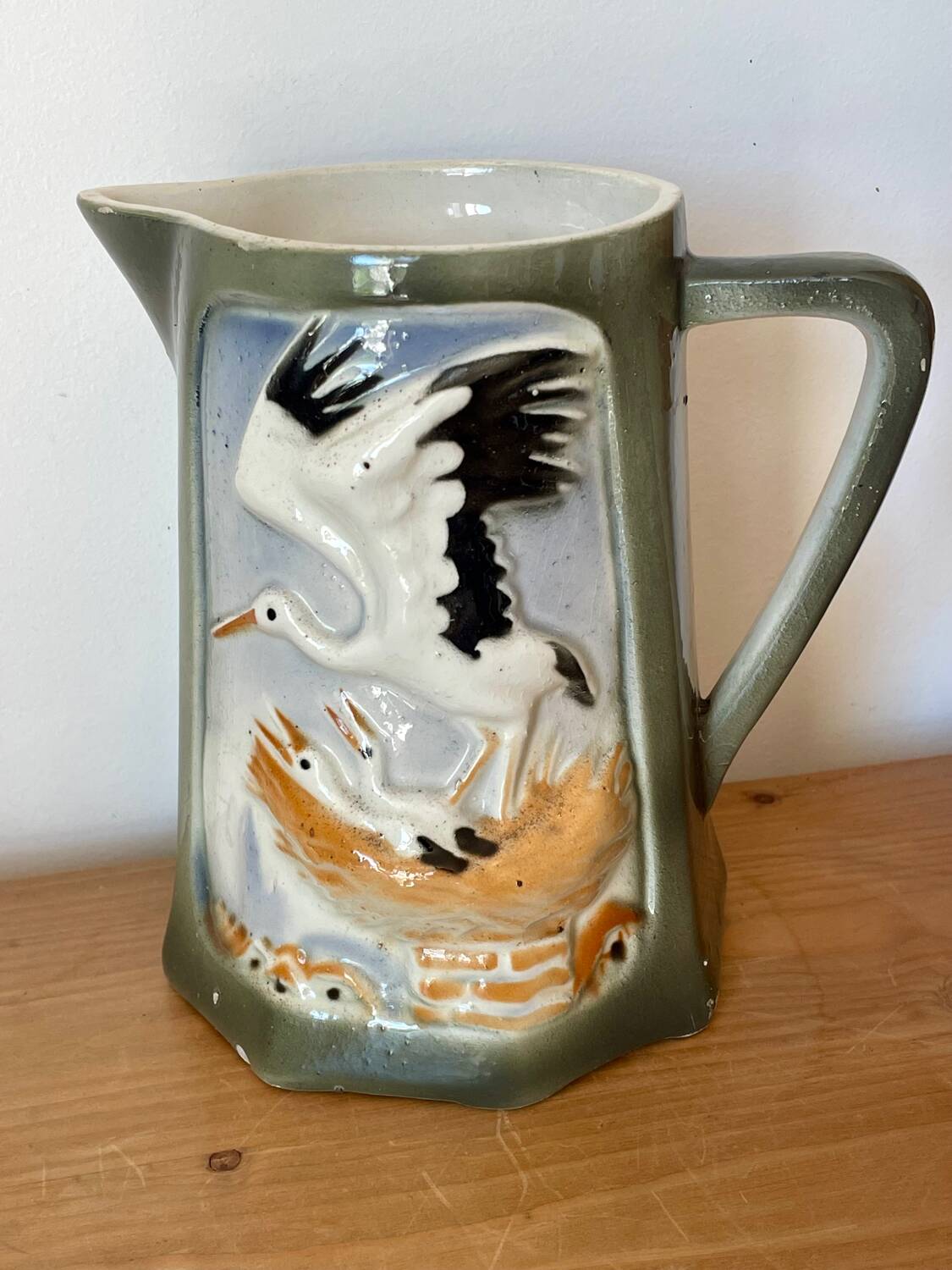 Old Barbotine Jug Storks - Saint-Clément France