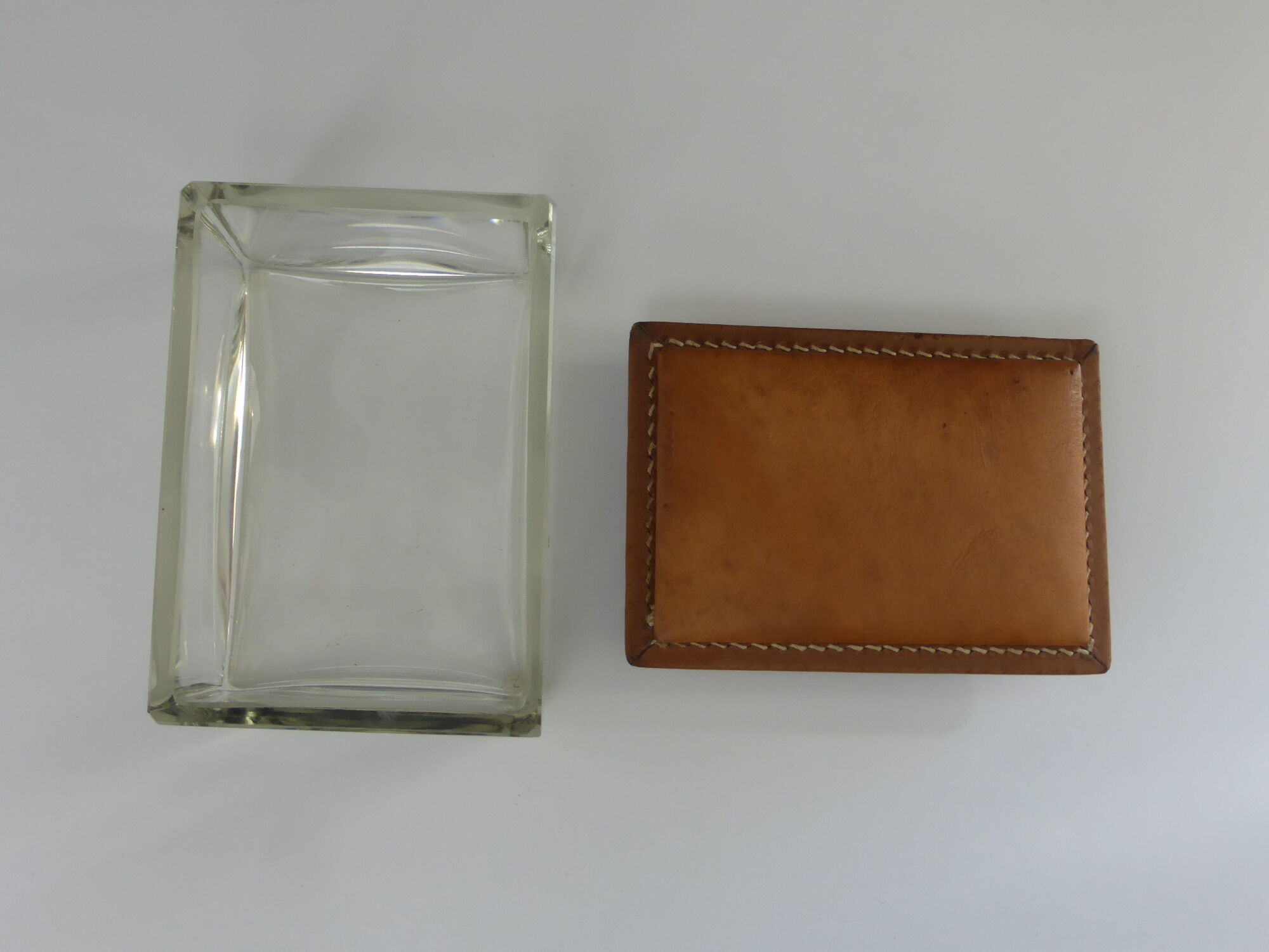 Vintage glass box with tawny leather lid