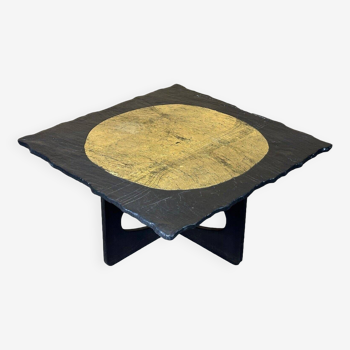 Table brutaliste avec plateau en ardoise 60s 70s