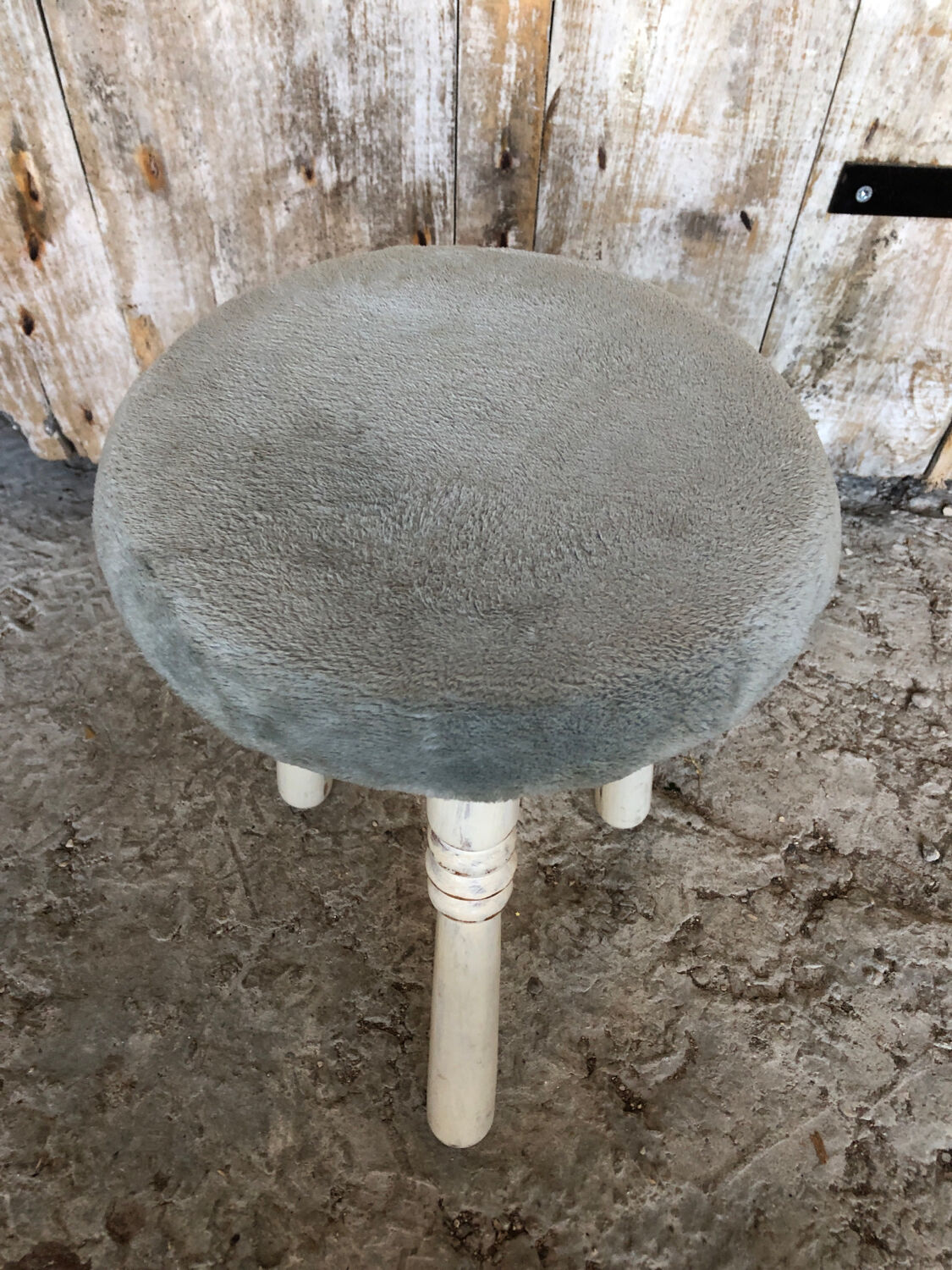 White Wood Tripod Milking Stool + Vintage Blue Gray Velvet Seat #A292