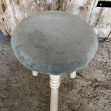 White Wood Tripod Milking Stool + Vintage Blue Gray Velvet Seat #A292