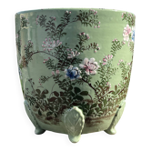 Cache-pot faïence vert céladon décor floral japonisant pieds feuilles fin X