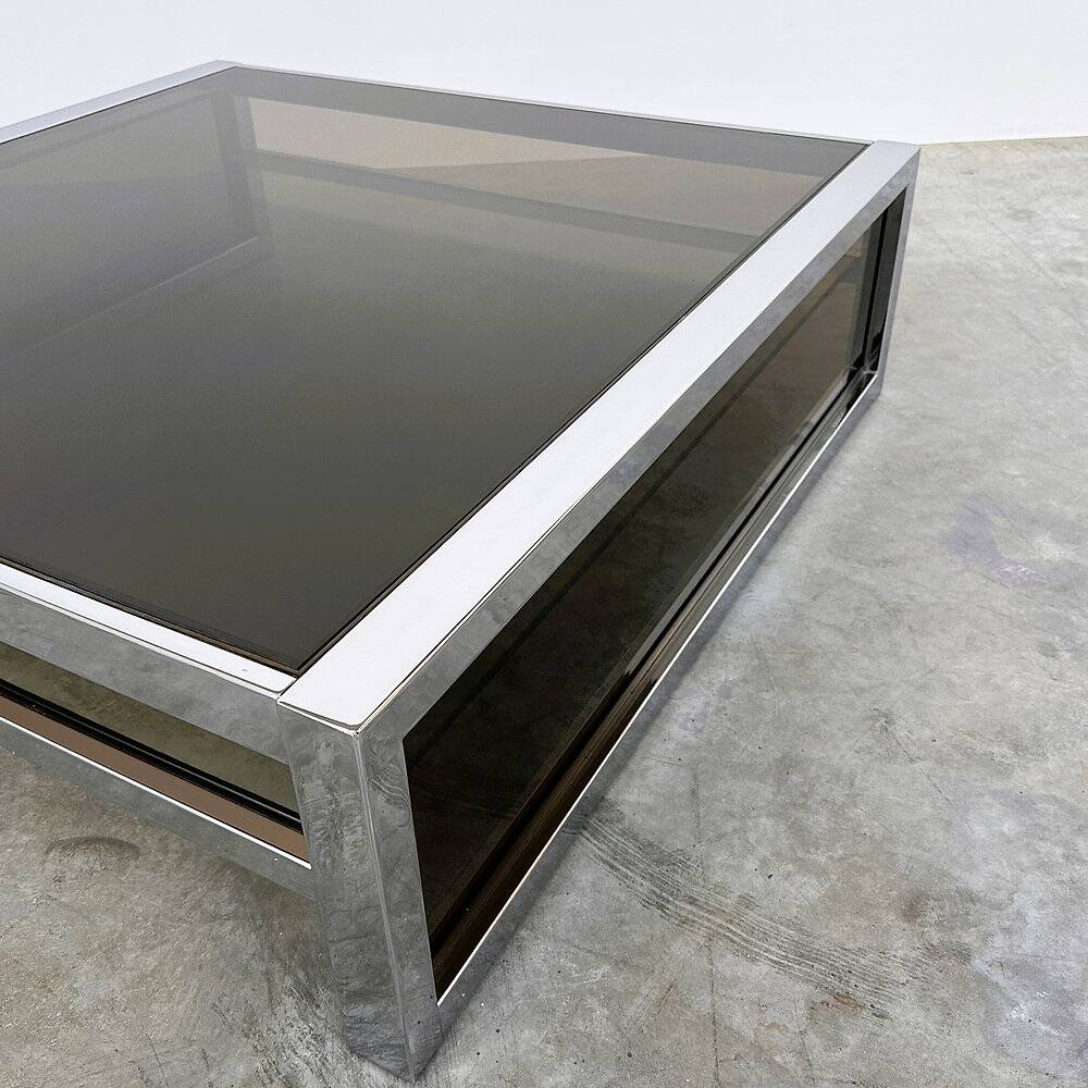 XL Belgo Chrom square coffee table in chrome & smoked glass – 1970s
