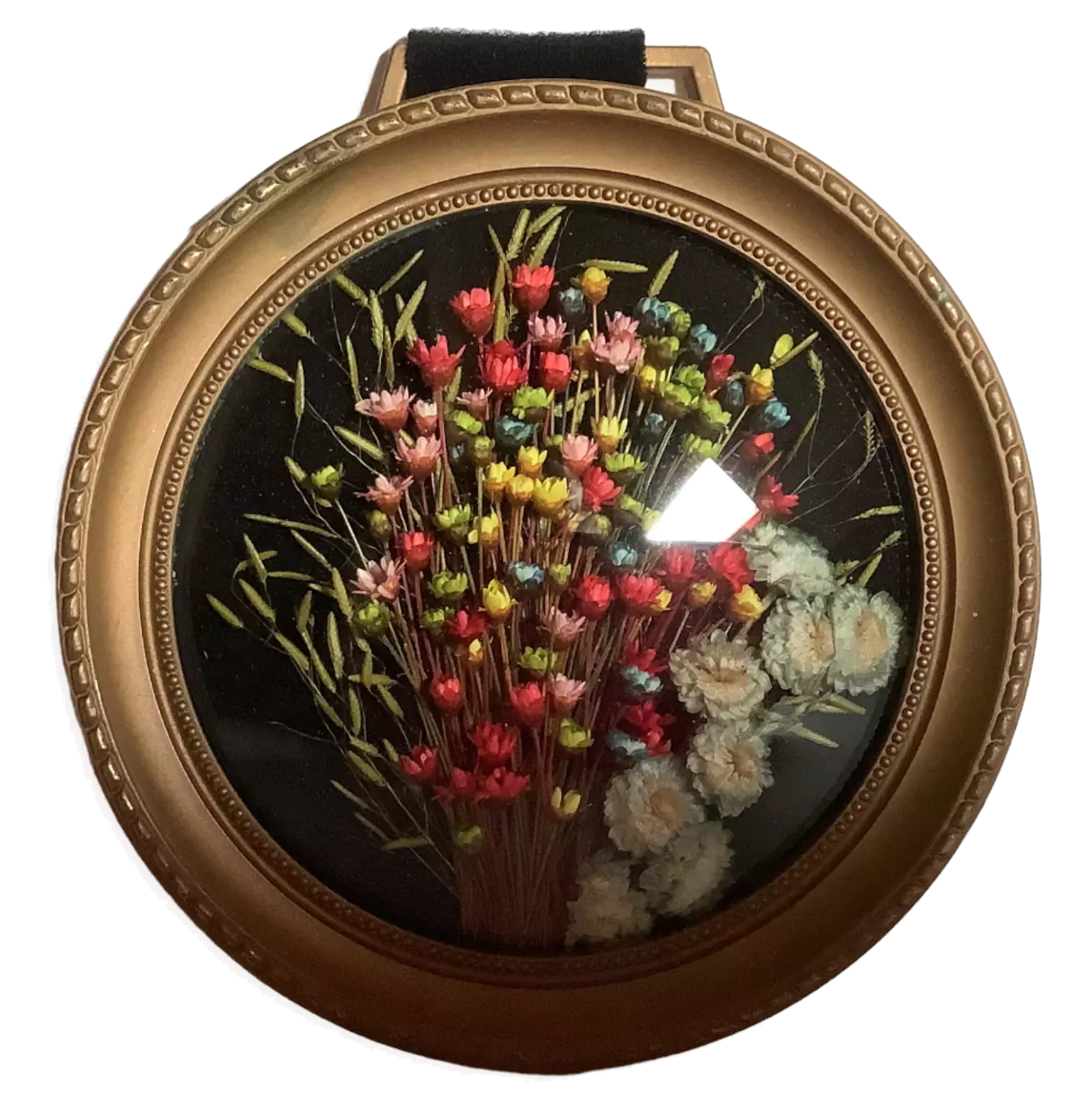 Old small round frame curved glass natural dried flowers