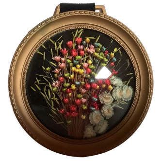 Old small round frame curved glass natural dried flowers