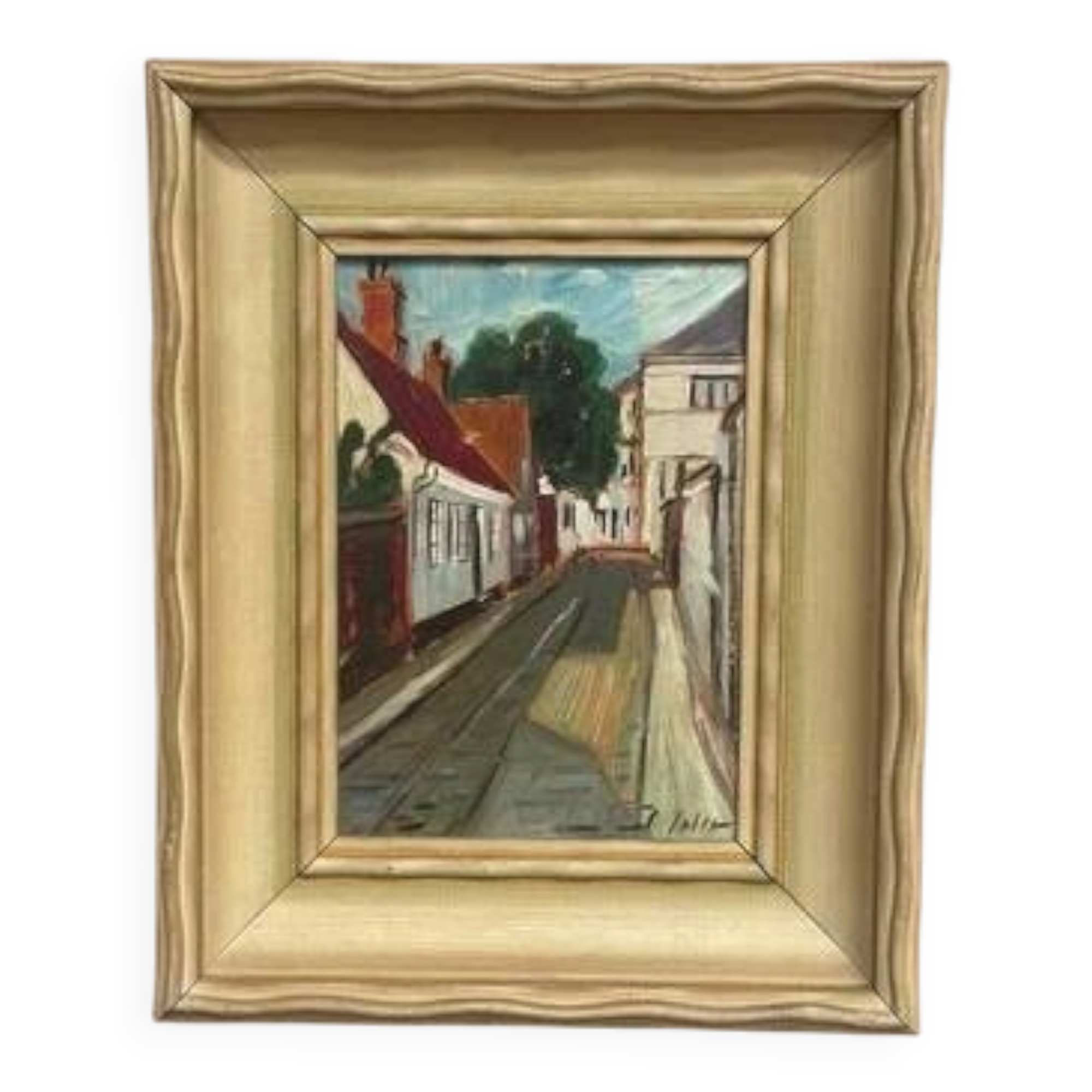 Mid-Century Oil on Panel “Street View” by J. Ioliv, Vintage & Framed 25×31cm