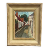 Huile sur panneau de style mi-siècle "Vue de rue" par J. Ioliv, vintage et encadrée 25×31cm