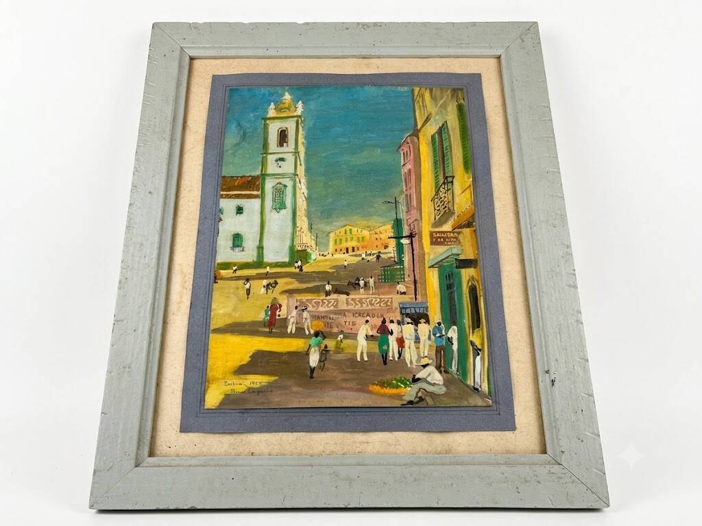 Tableau by Pierre Lagache, street scene in Bahia, Brazil, 1955, signed, framed.