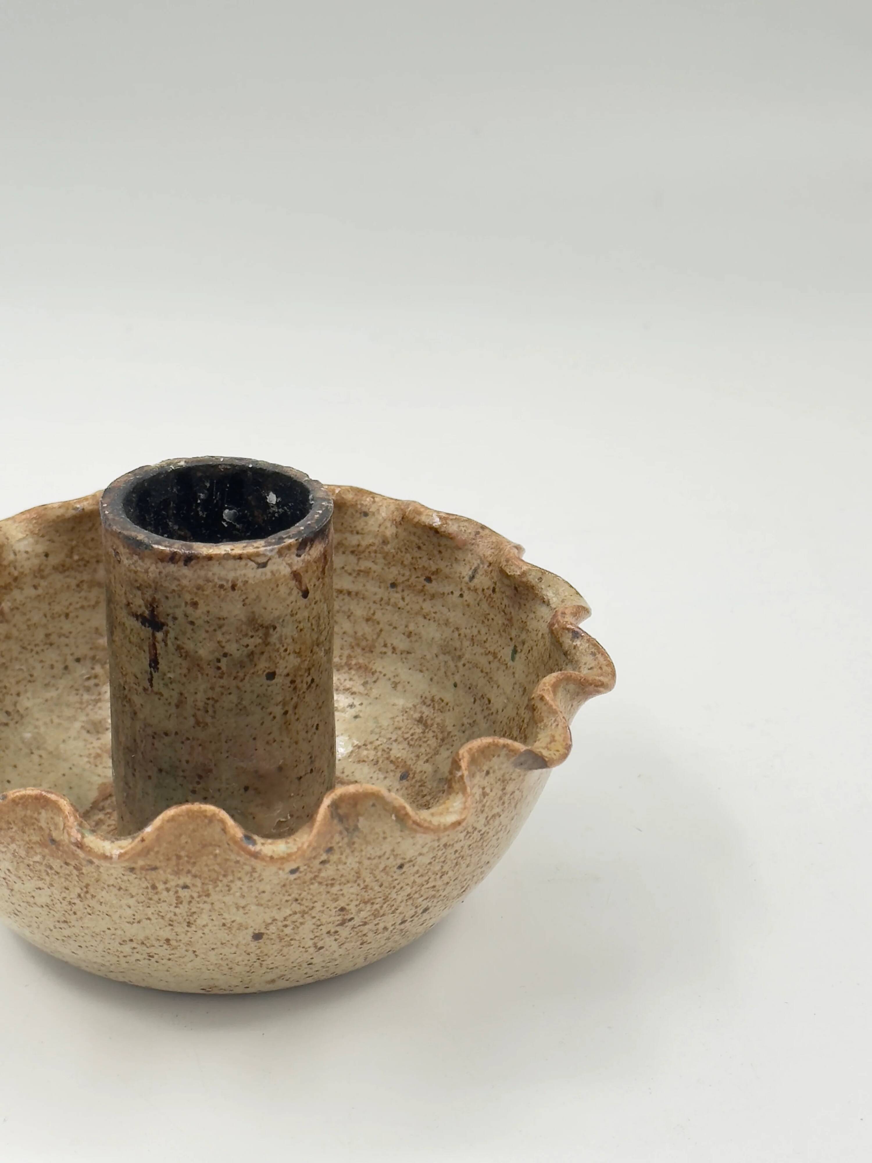 Vintage studio ceramic candlestick, wavy scalloped edge.