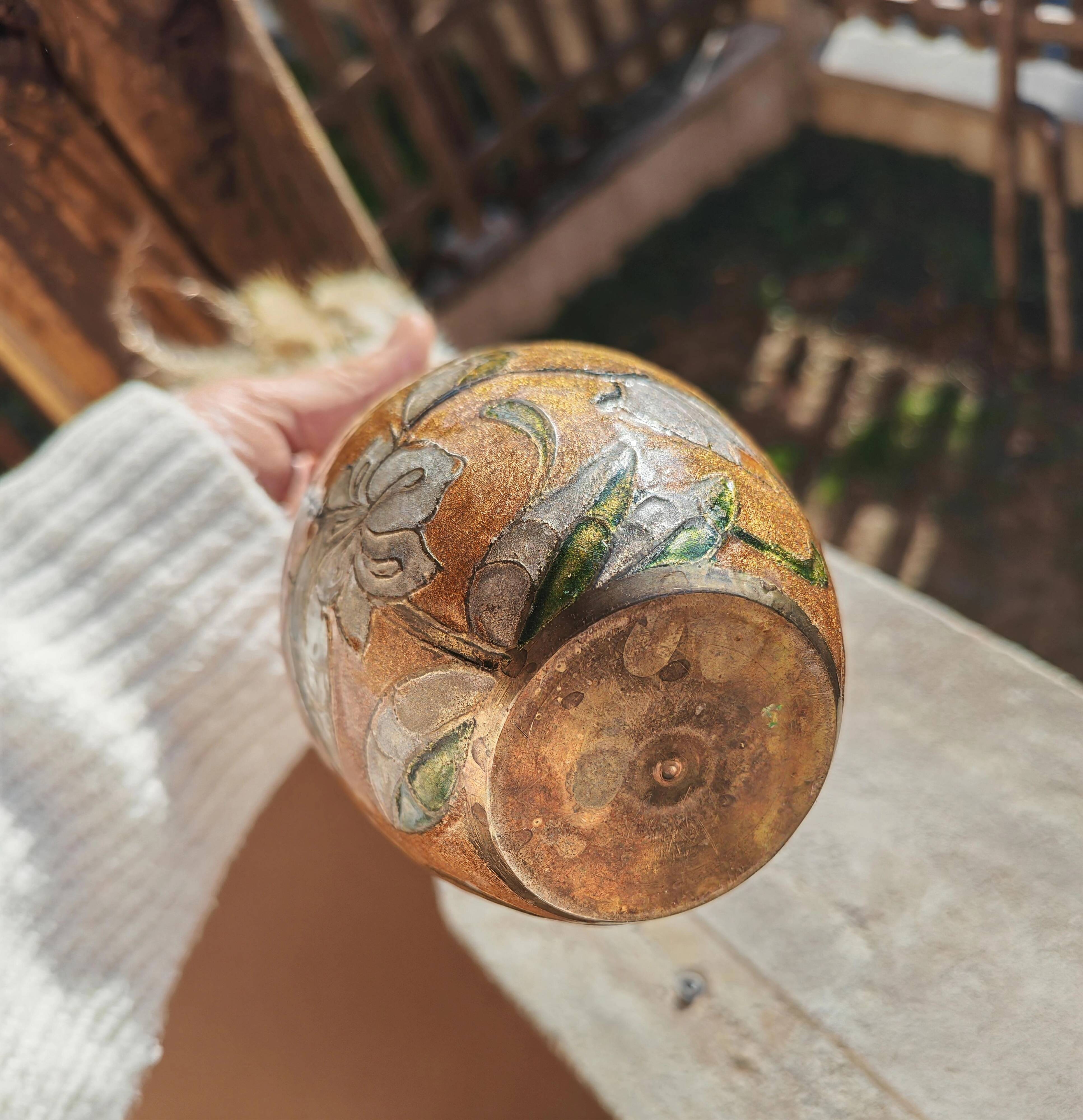 Antique oriental metal vase – floral decoration – vintage