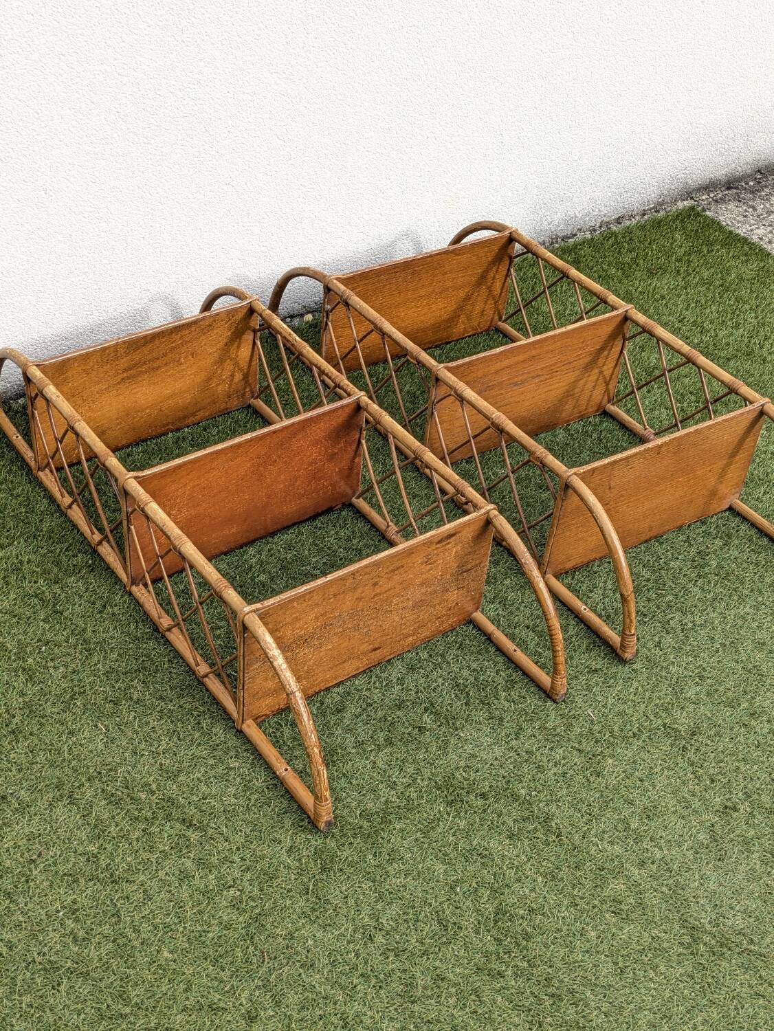 Pair of vintage bamboo and rattan wall shelves 1960
