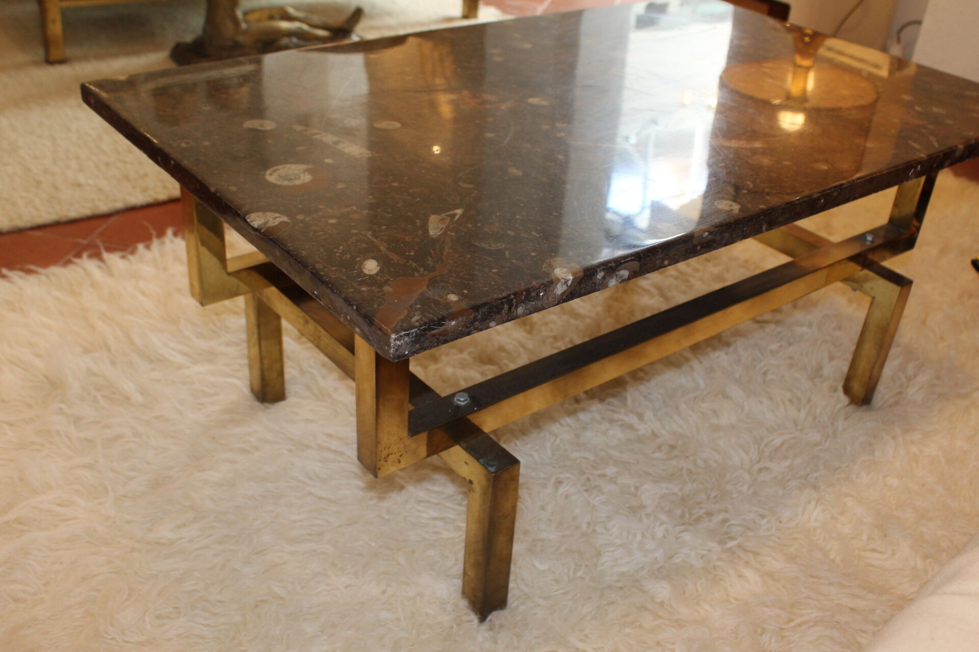 Black stone coffee table foot brass 70s
