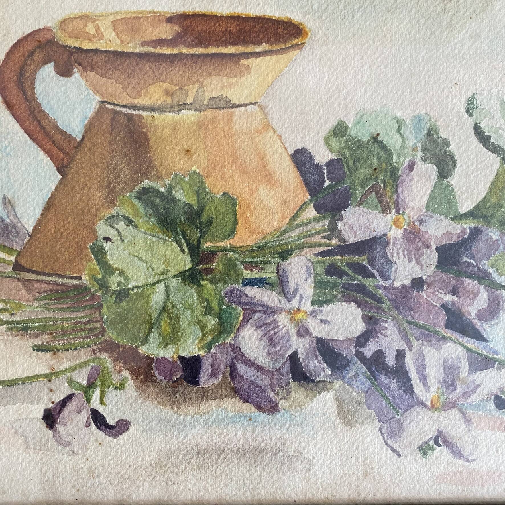 Peinture ancienne bouquet de fleurs, nature morte aquarelle violettes