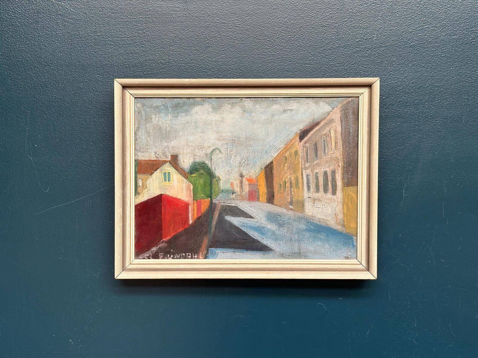 Huile sur toile originale suédoise – « Rue urbaine » par S. Lindah
