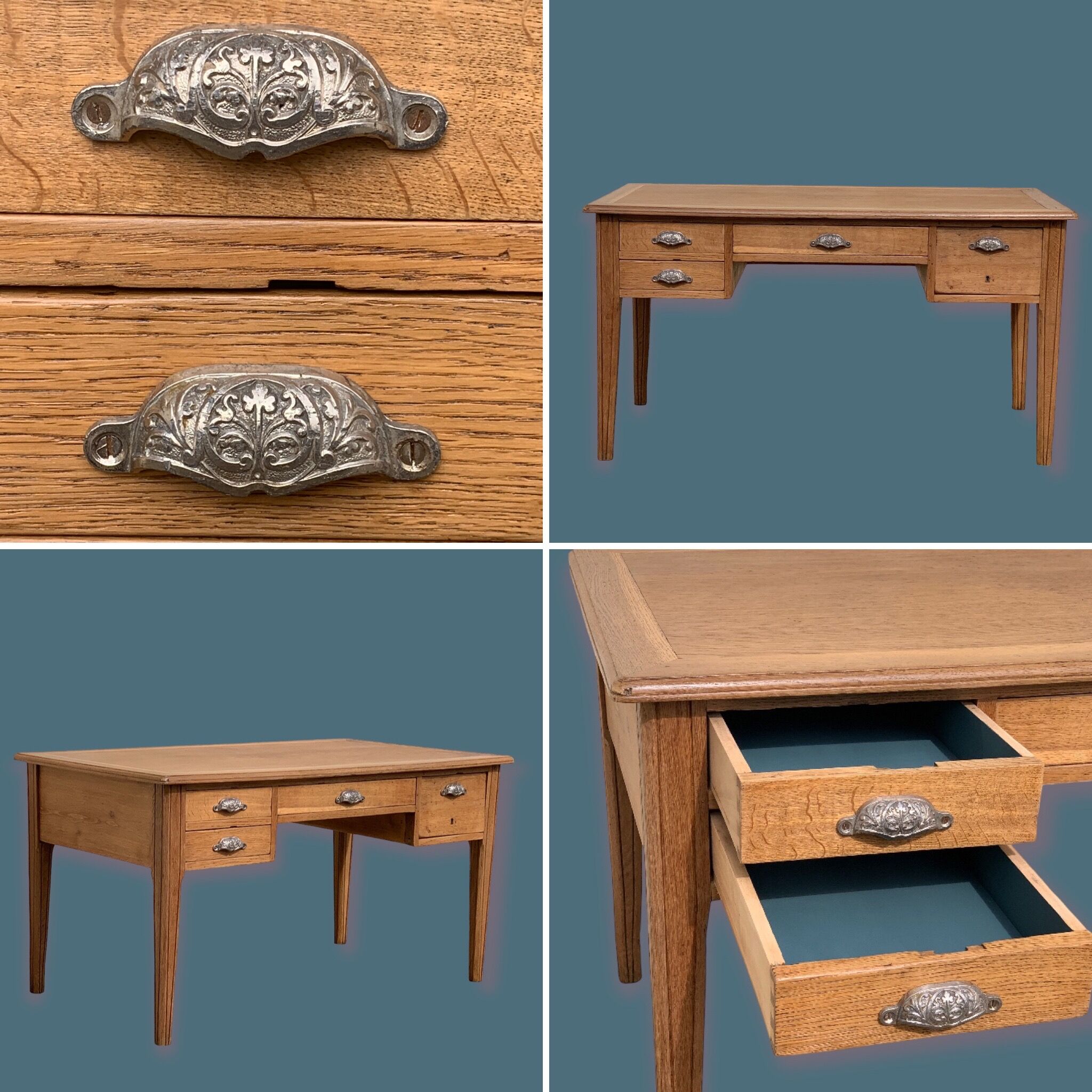 Solid desk in raw oak handles art deco shells