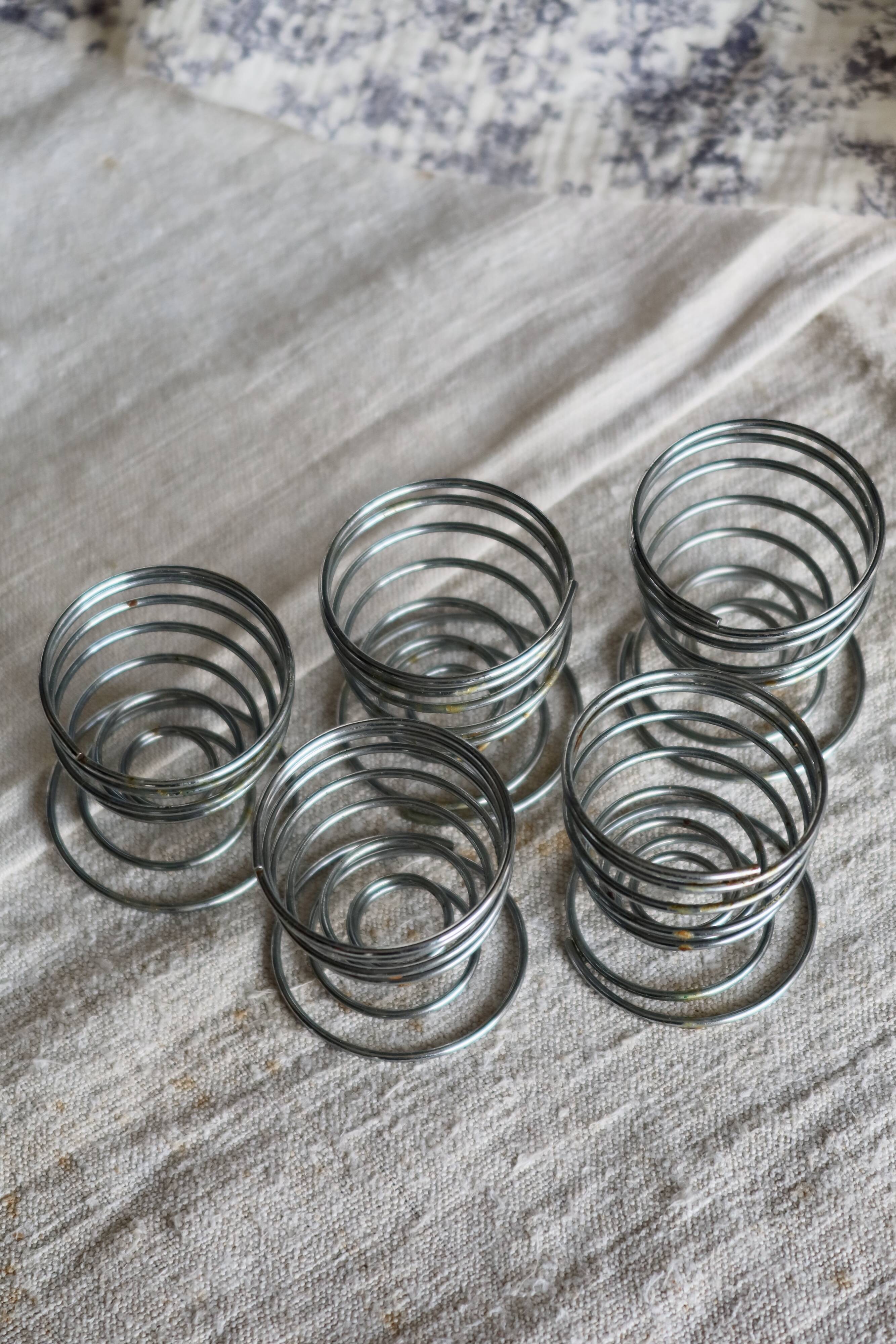 5 vintage silver metal spring egg cups