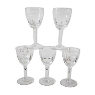 Set of 5 glasses of trompe l'oeil white wine bar 40s