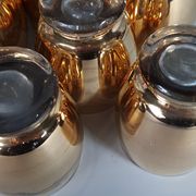 Alcohol service: bottle - 7 golden puffed glasses, vintage mahogany tray 50s sb