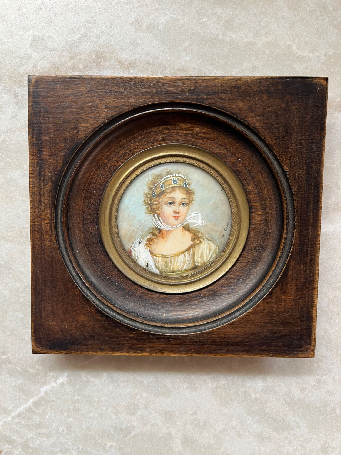 Small antique miniature on organic support – Blackened wooden frame