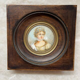 Small antique miniature on organic support – Blackened wooden frame