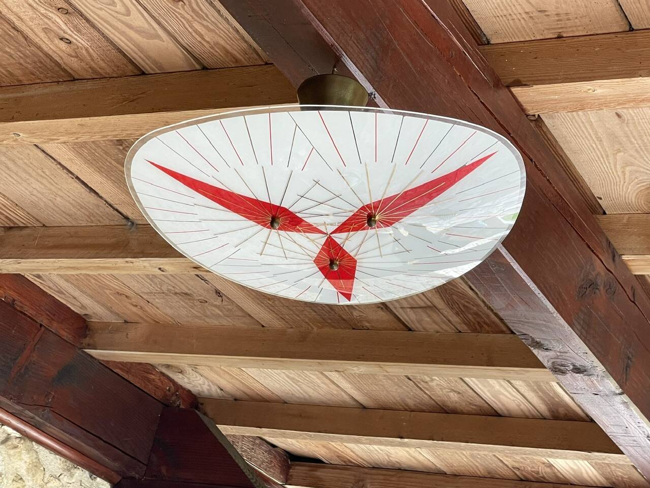 Vintage triangular ceiling light in glass and brass circa 1970s.