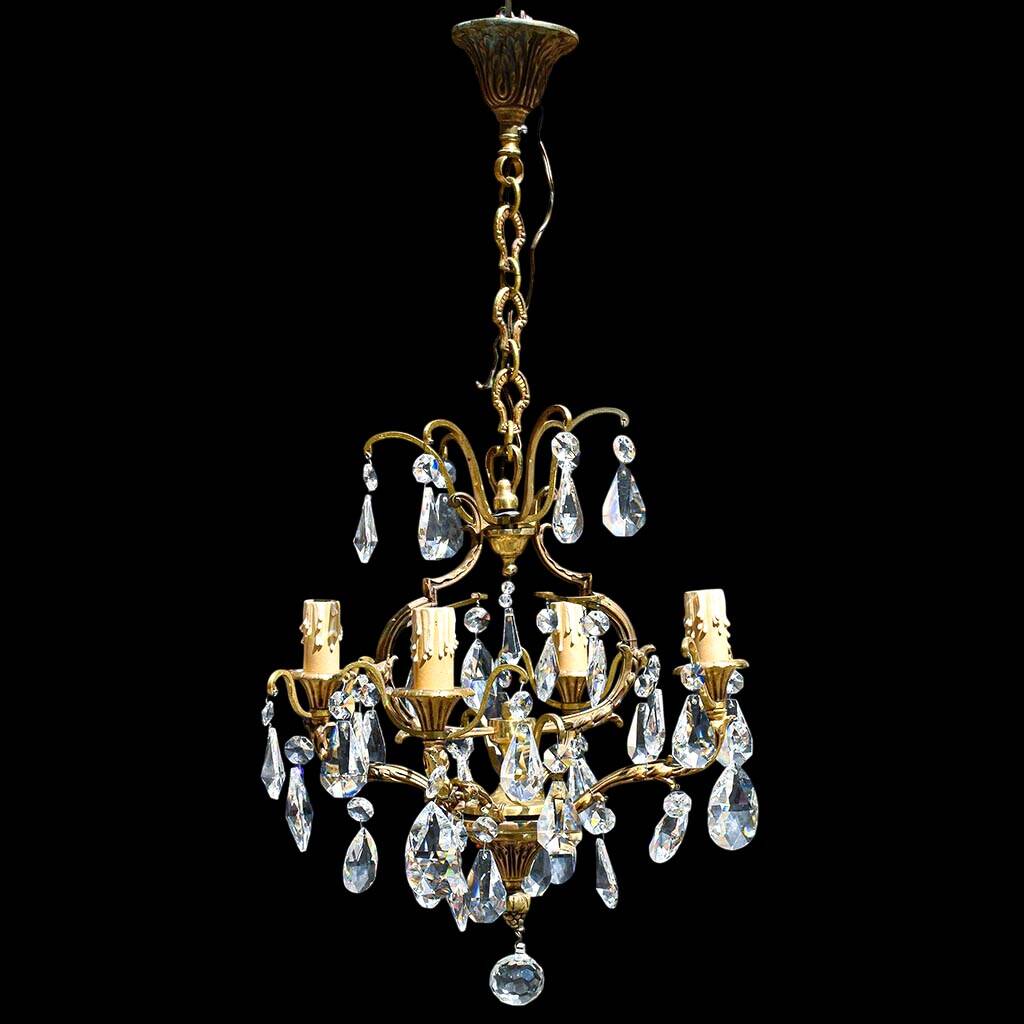 Chic chandelier with crystal tassels 4 lights gilded bronze H 69 cm vintage
