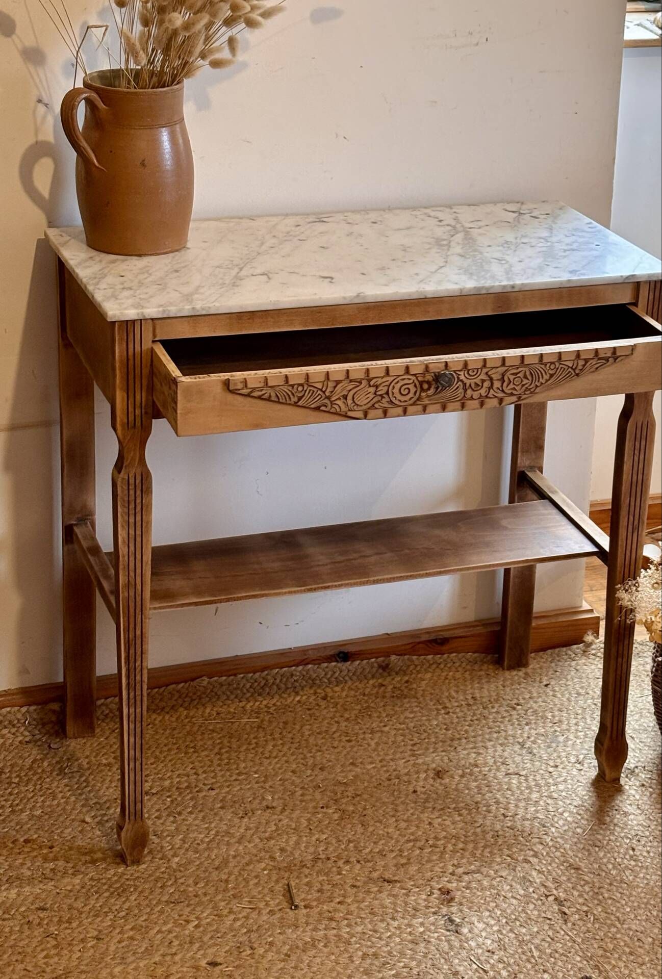 Old solid wood console with marble - 1 drawer