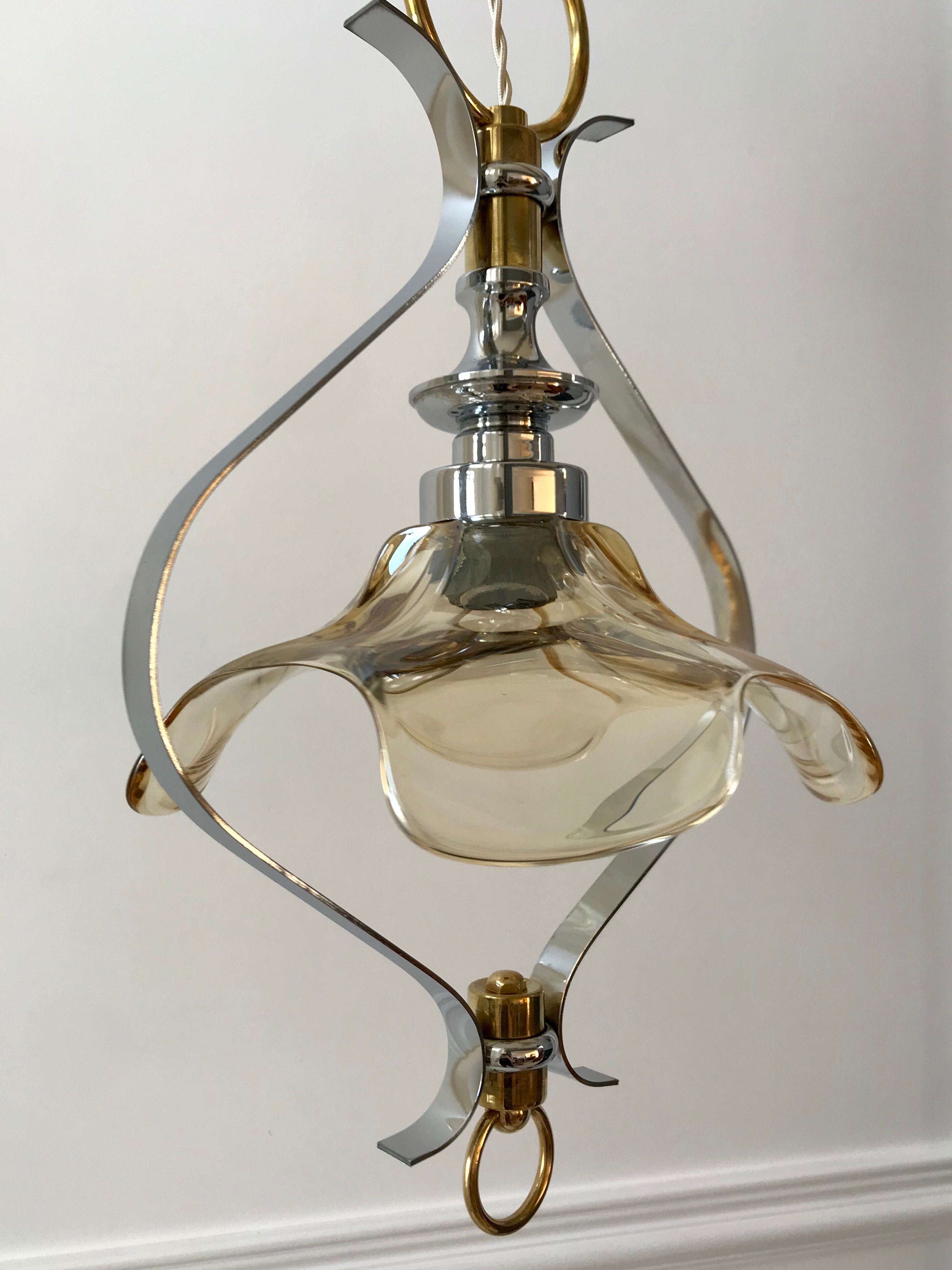 Petal hanging lamp in glass, brass and chrome metal 50