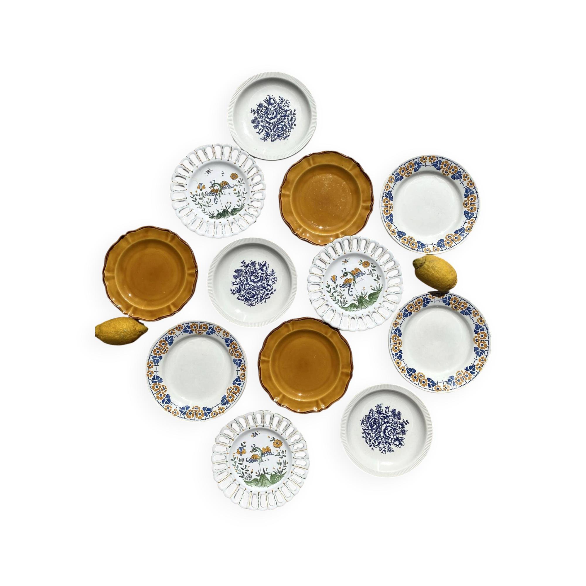 Set of twelve mismatched vintage dessert plates.