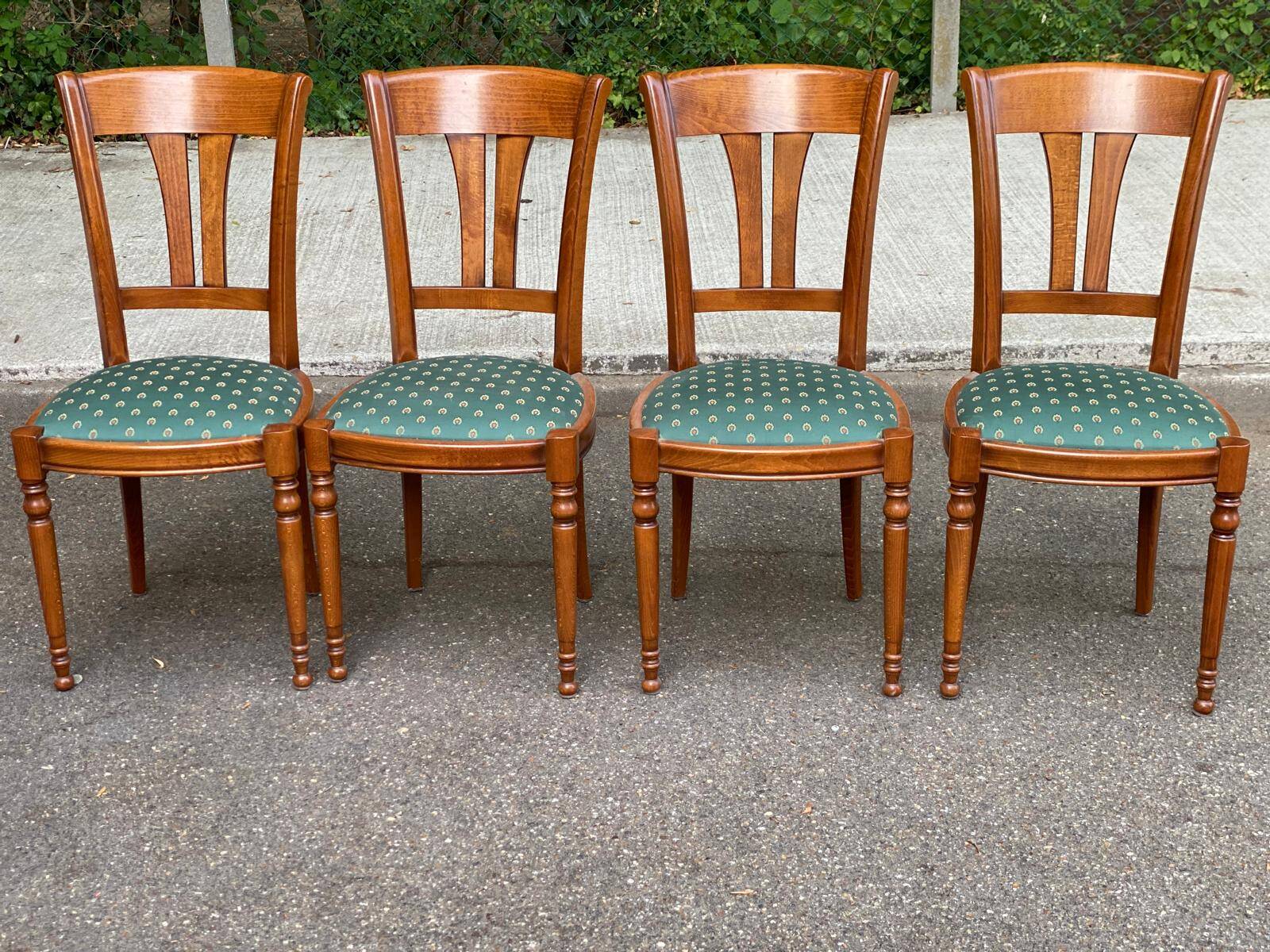 4 solid wood dining chairs with green fabric Louis Philippe 198