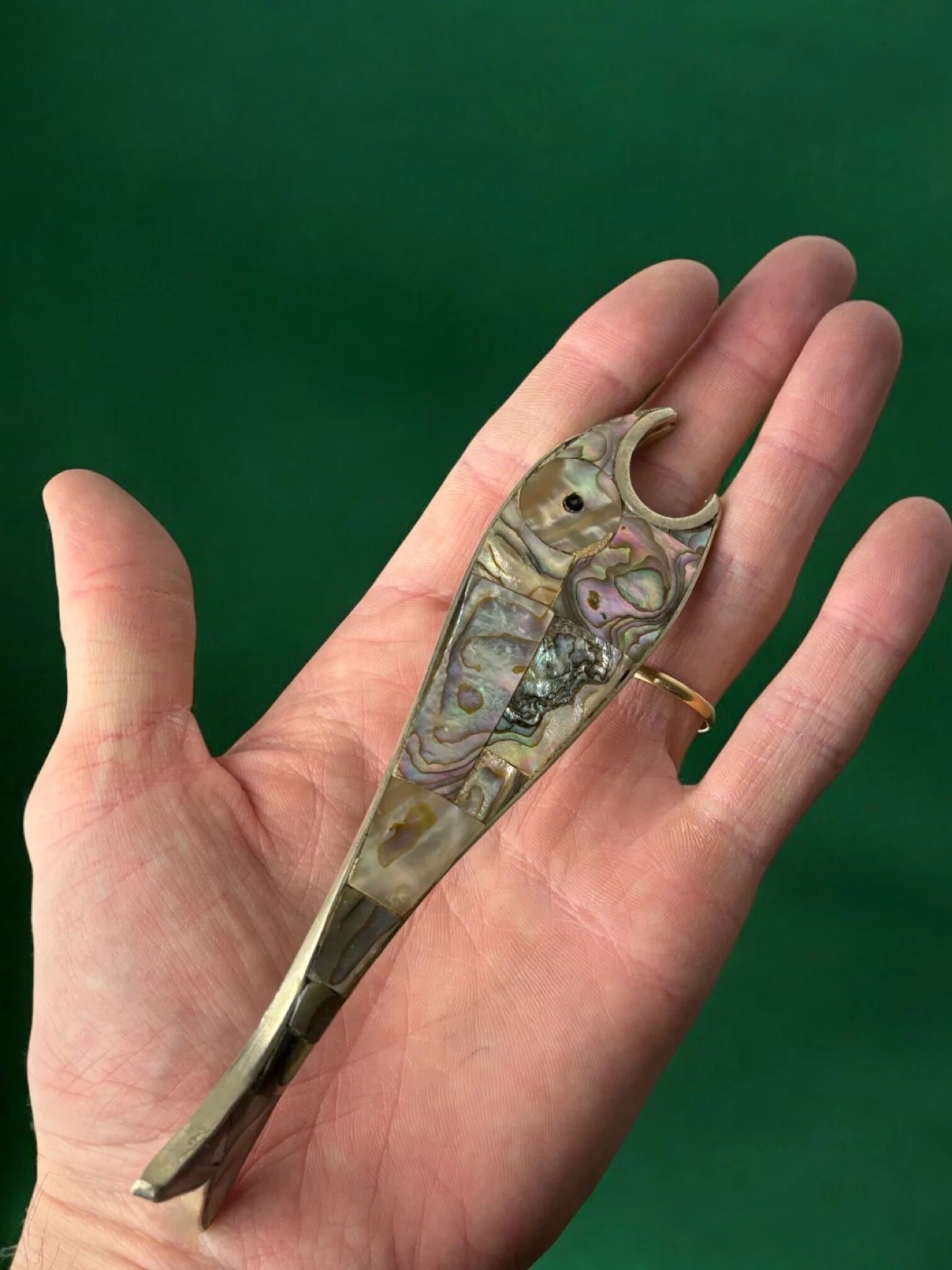 Fish bottle opener, abalone shell & alpaca, Mexico, circa 1980