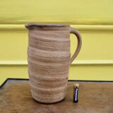 Vintage Brutalist Pitcher Pot in Ochre Brown Stoneware Handmade Signed Carafe