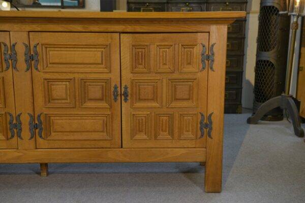 Large 4-door sideboard in solid oak and wrought iron, rustic style, 1960s
