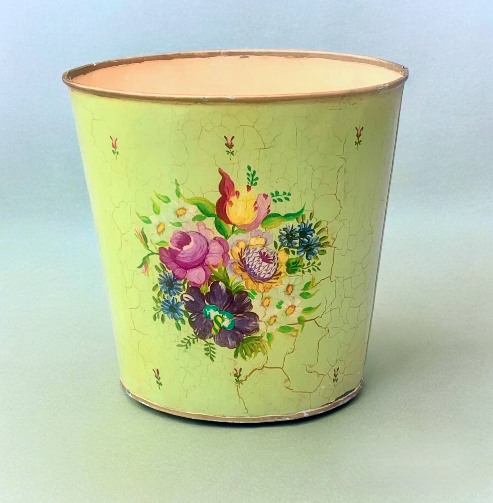 Vintage enameled sheet metal wastebasket - floral decor