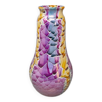1990s Astonishing Giuseppe Locci Polycrome Craquelé Vase in Sardinian Ceramic. Made in Italy