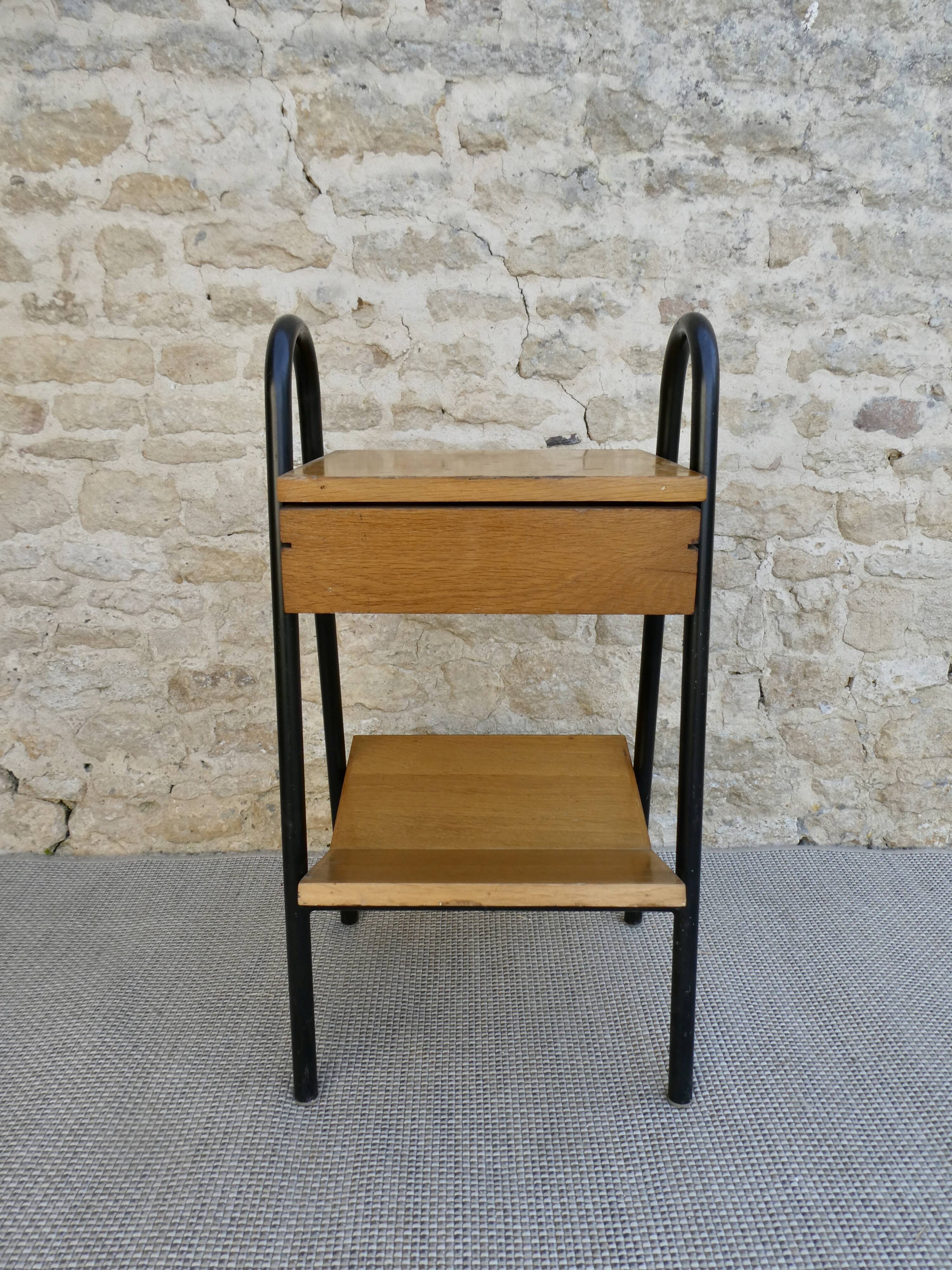 Wooden and metal boarding bedside table, 60s