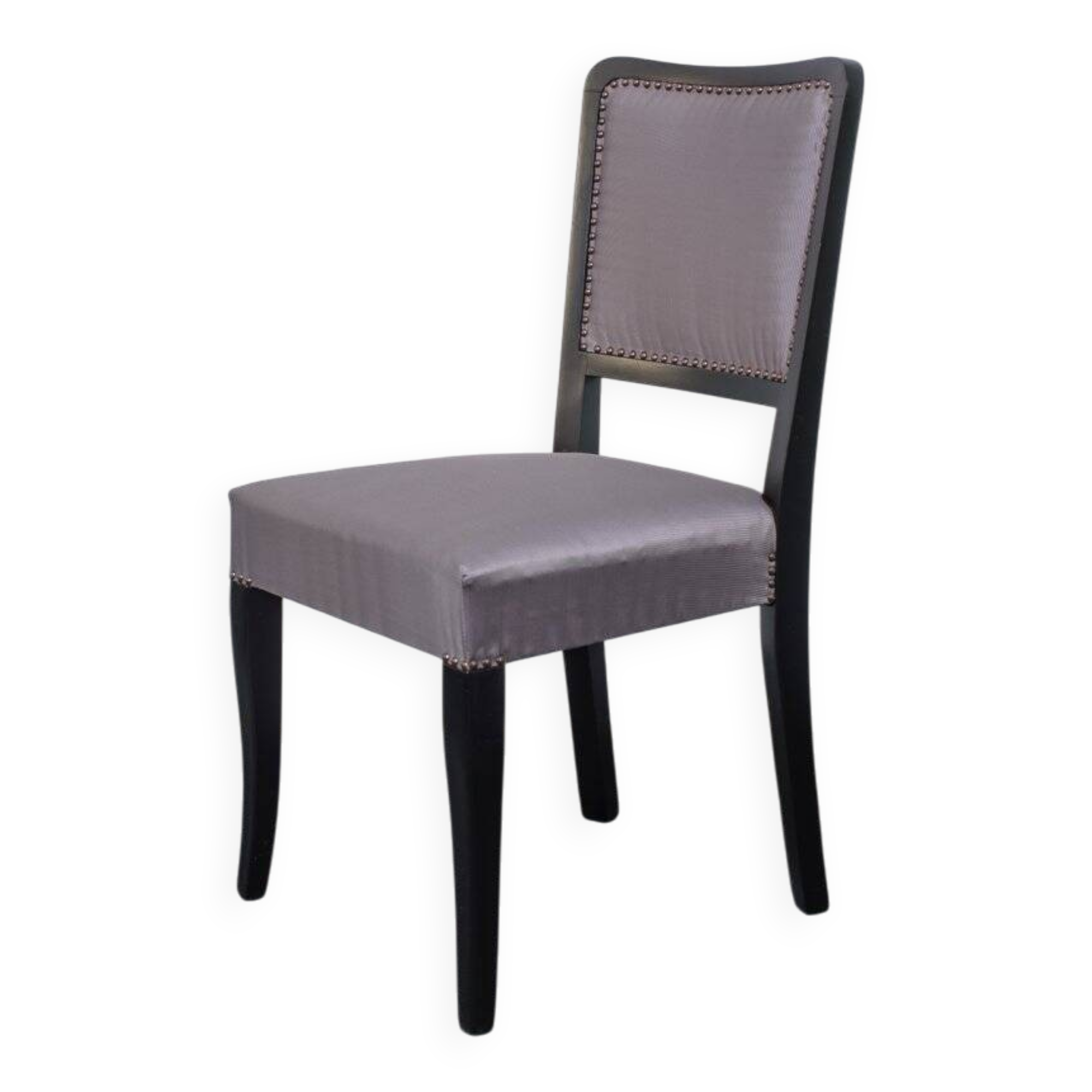 Art Deco chair with black painted wood and grey satin fabric, high restored backrest (1920s)