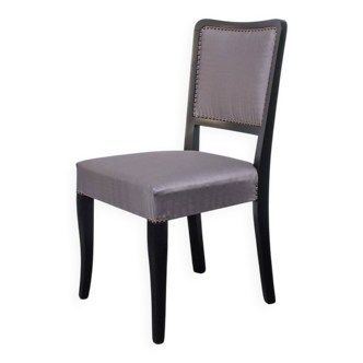 Art Deco chair with black painted wood and grey satin fabric, high restored backrest (1920s)