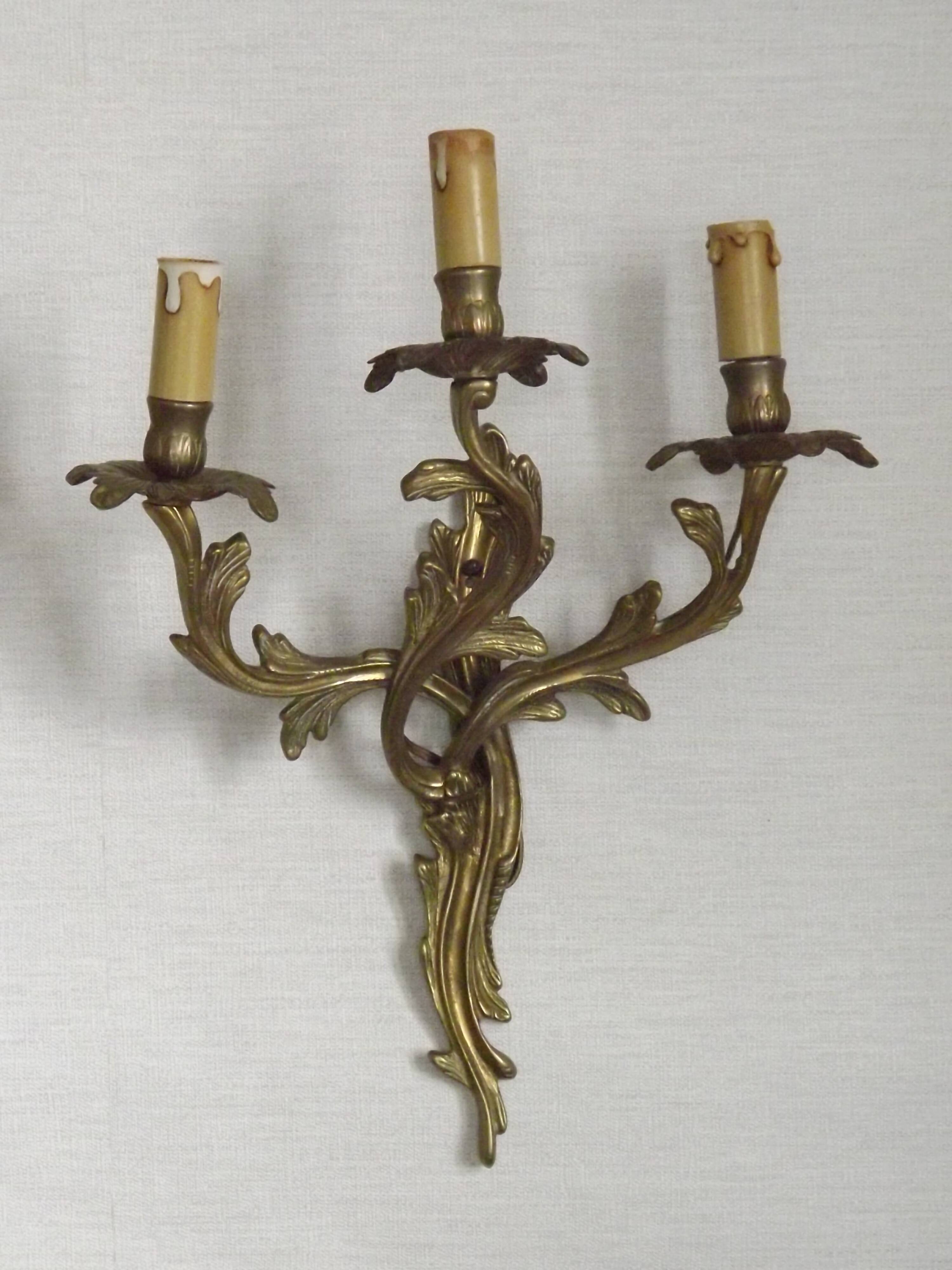 Magnificent Pair of French Antique Bronze Three-Light Acanthus Wall Sconces