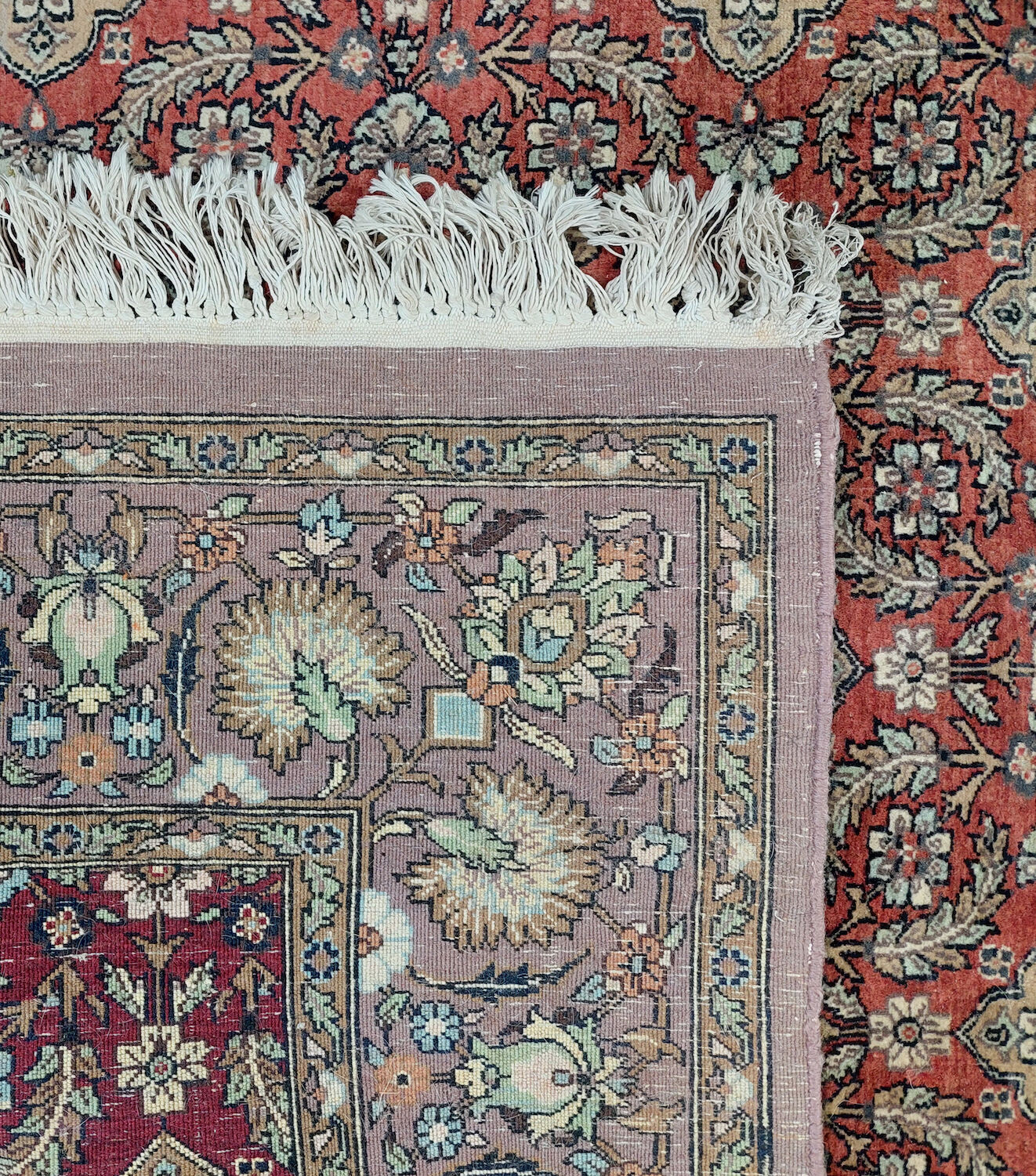 Hand-knotted wool and silk rug Kashmir India 1950