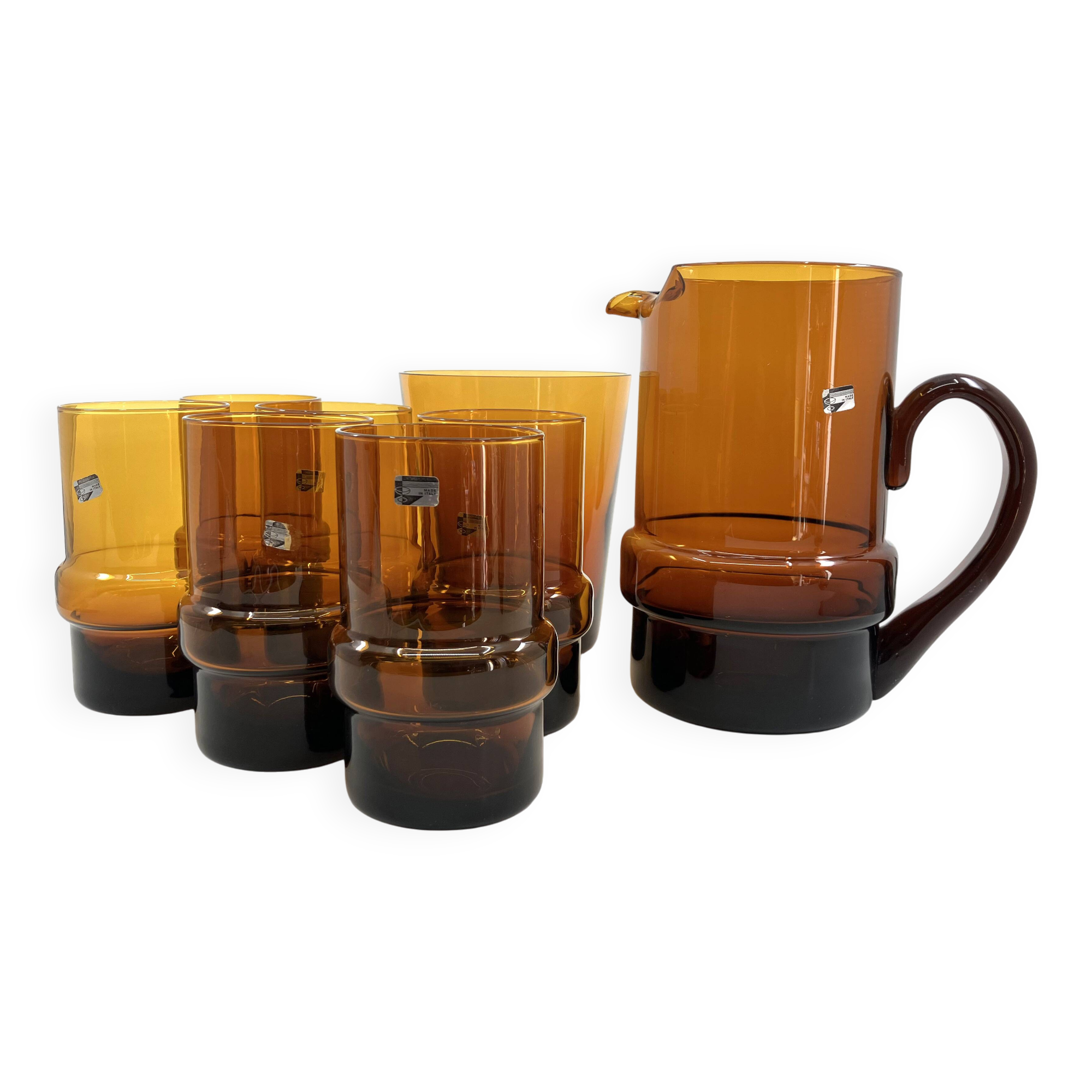 Set of 6 orangeade glasses / pitcher / ice bucket • Italy • 1970