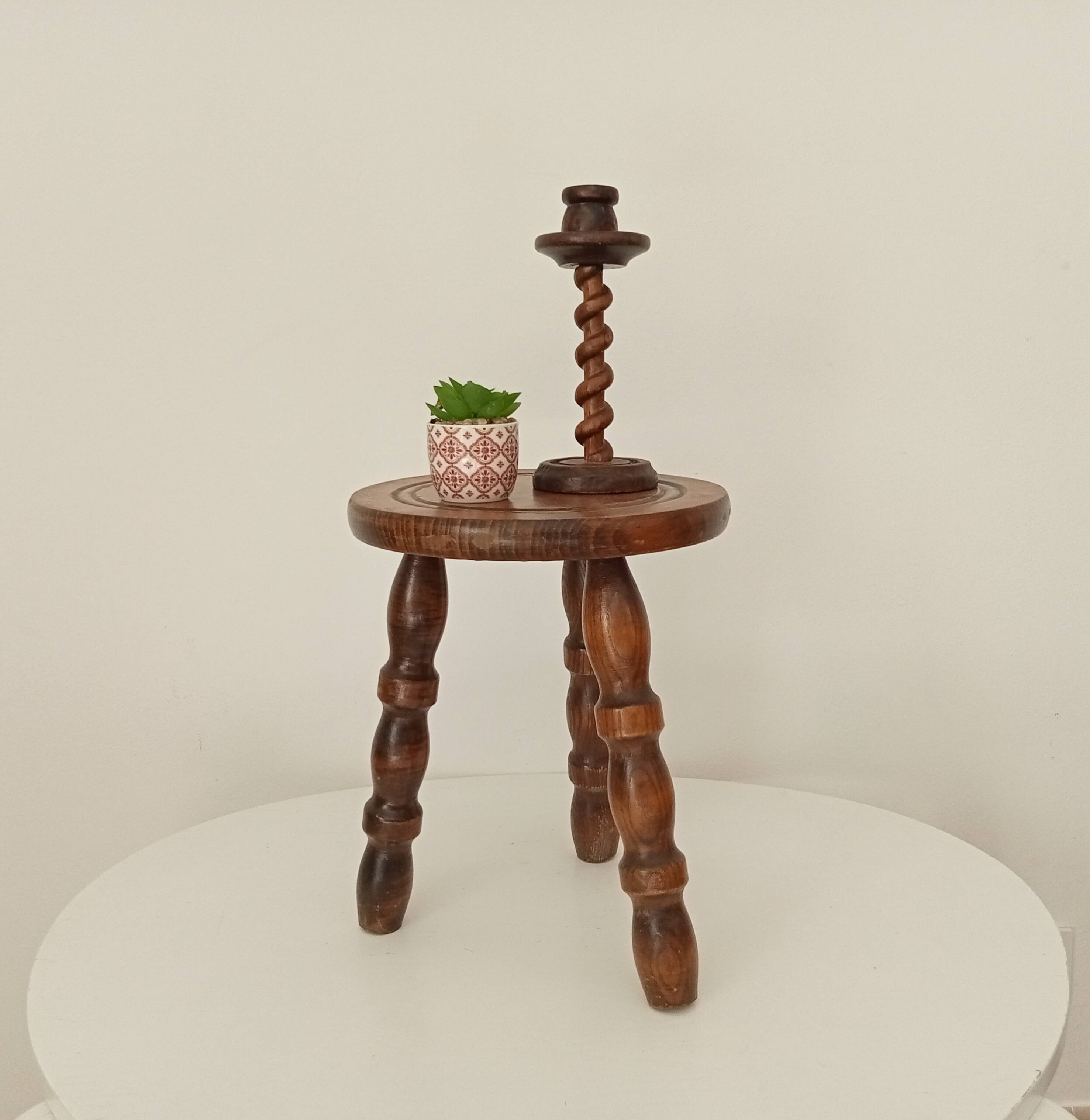 Vintage folk art turned wood candle holder