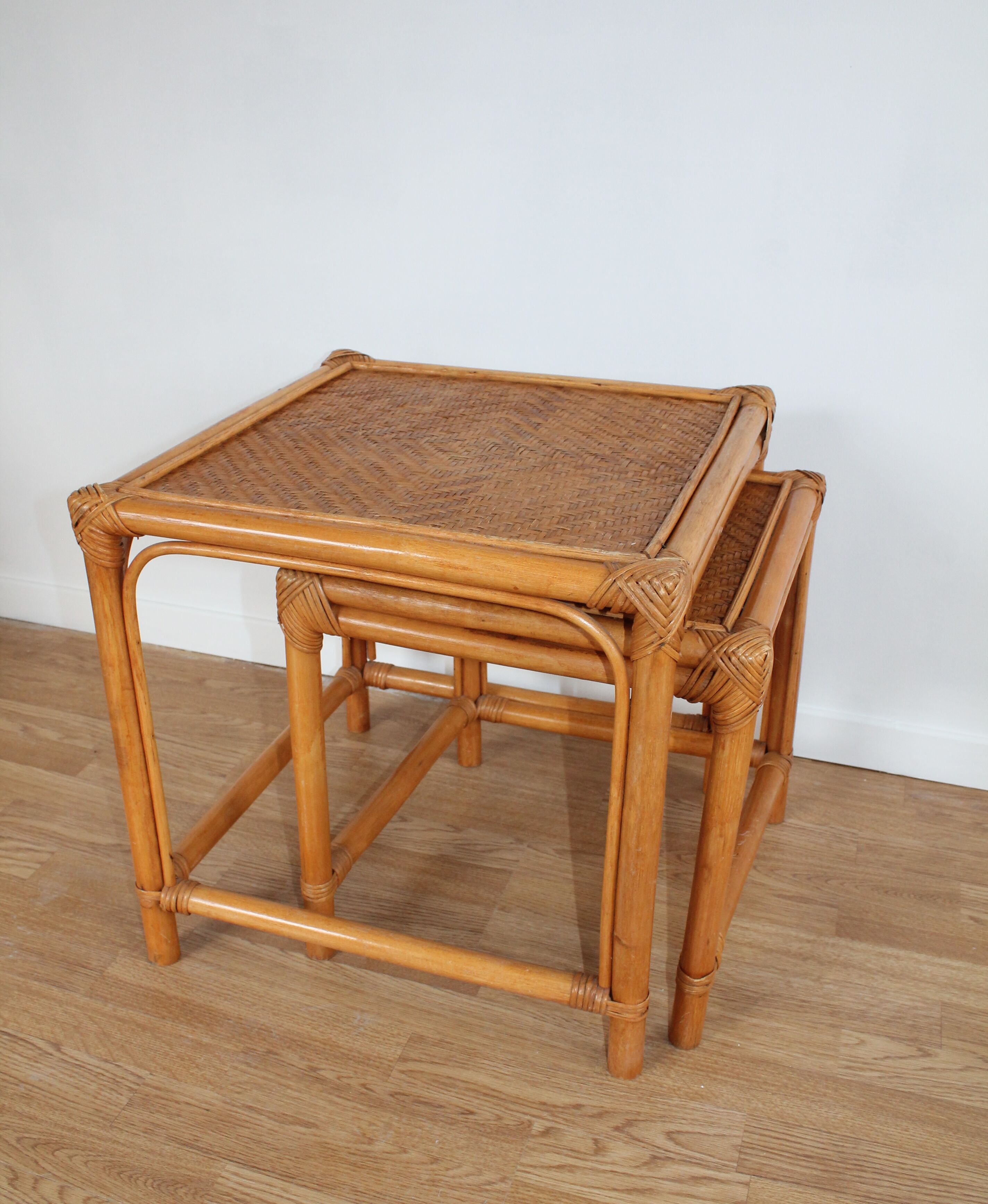 Pair of 70's vintage rattan tables