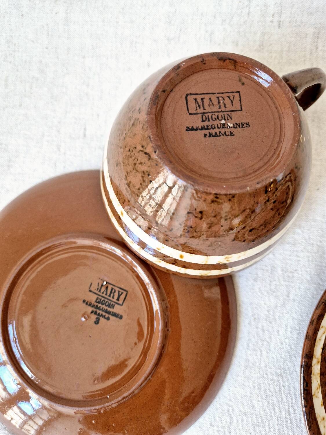 Set of 2 cups + 2 stoneware plates "Mary" - Digoin Sarreguemines Vintage