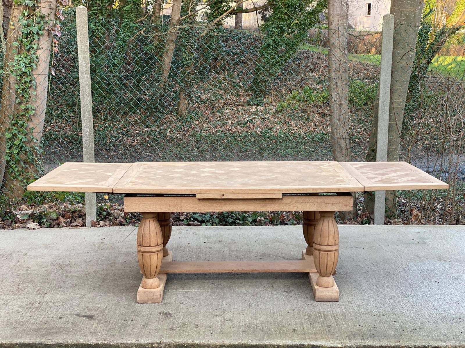 Renovated Art Deco monastery table, extendable, in raw oak, 250cm.