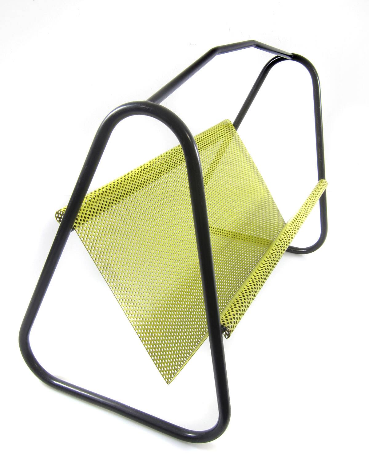 Porte-revues vintage Pilastro – jaune et noir des années 1950, style Mathieu Matégot, design néerlandais de Tjerk Reijenga pour Artimeta