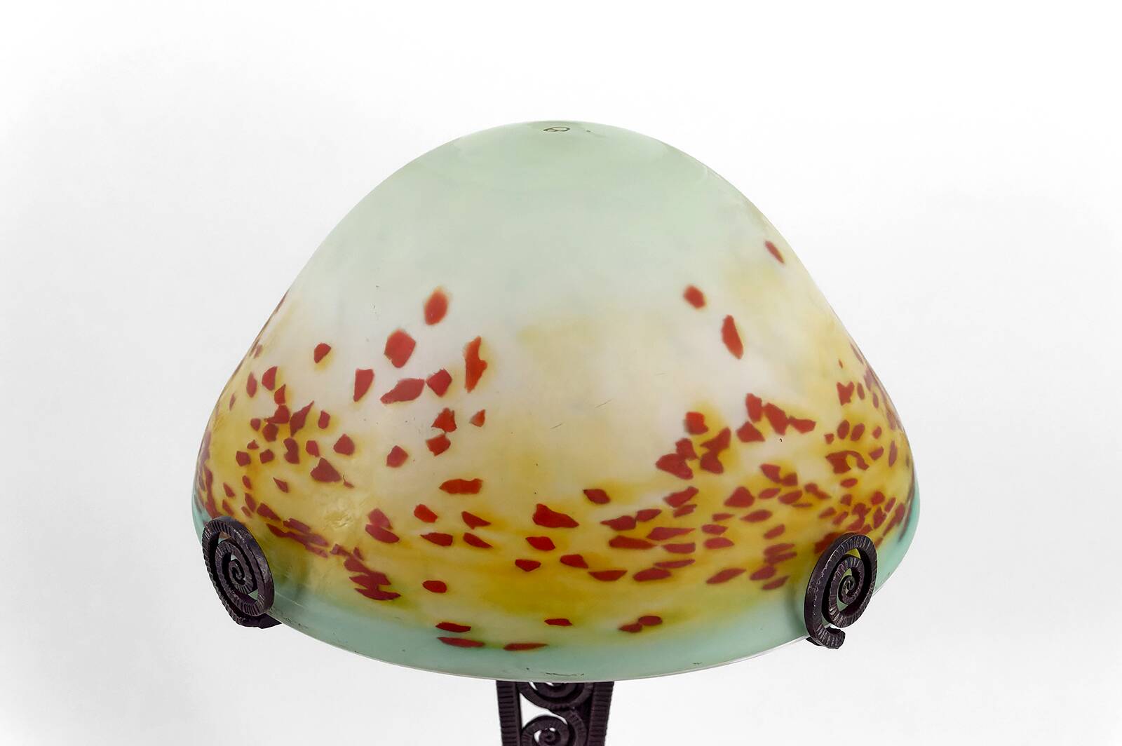 Wrought Iron Mushroom Lamp with Blown Glass Shade, 1920