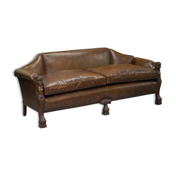 Restored Regency canapé in leather with sculpted Hermès frame.