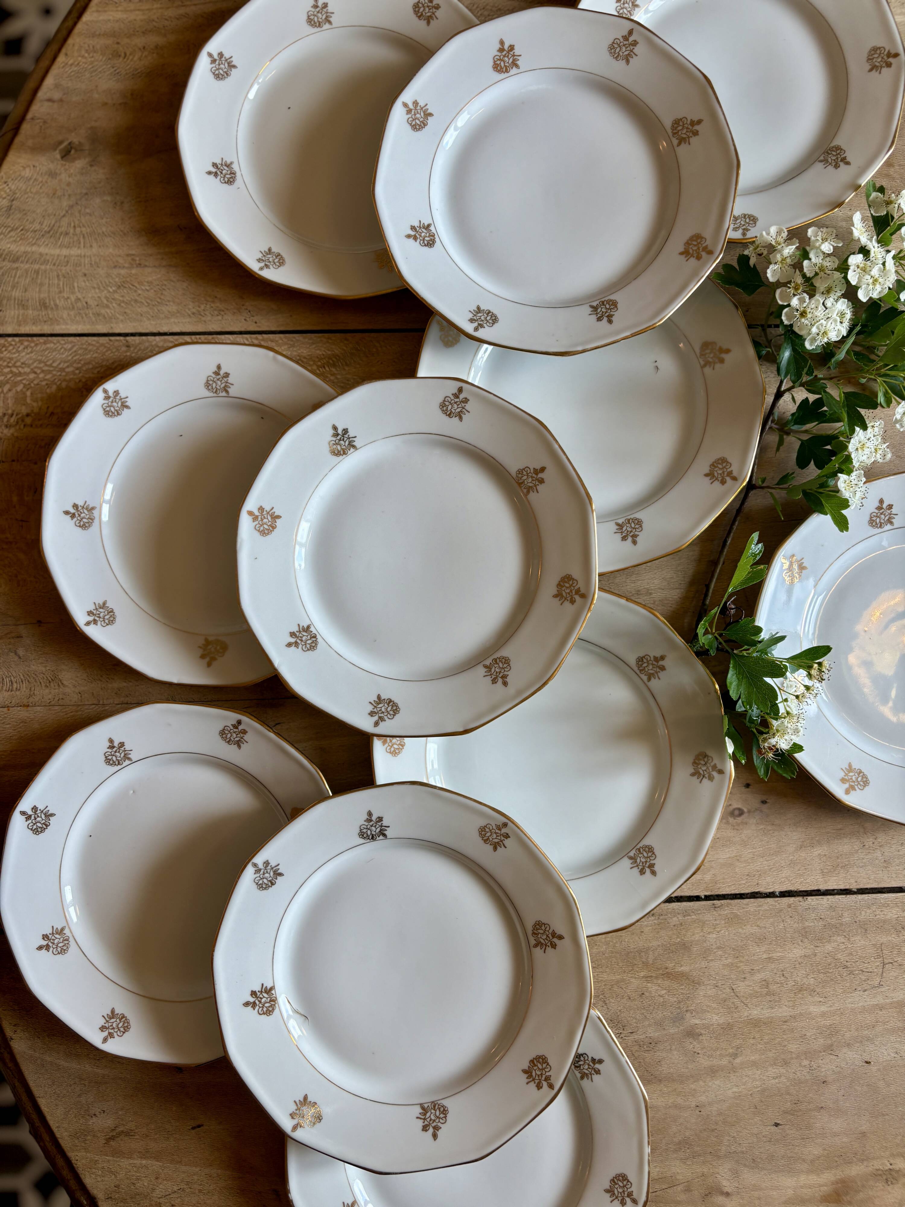 Lot de 12 assiettes à dessert vintage en porcelaine avec détails dorés