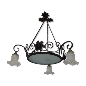 iron and opalin glass hanging lamp
